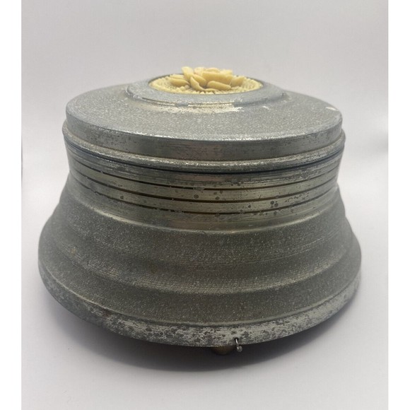 Vintage Music Box Aluminum Metal Powder Trinket Vanity Floral Top Used - Picture 3 of 13